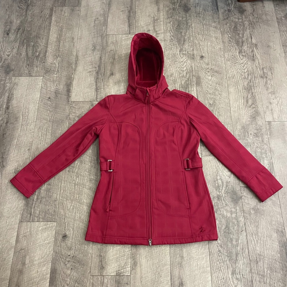 IZOD PerformX Womens Red Plaid Hooded Softshell Jacket Fleece Lined Size S - Picture 2 of 11